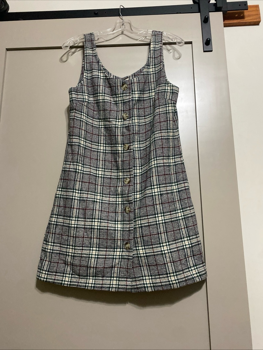 Copper Key Plaid Button-Front Asymmetrical Dress — Black, White, Gray, Red